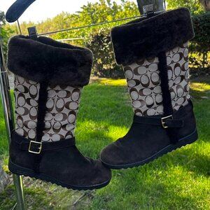 Y2K Fur Trim Coach Canvas Monogram Boots Size 9.5
